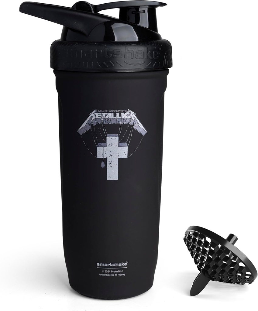 Smartshake Rockband Reforce Stainless Steel Protein Shaker Bottle 900 ml | 30 oz - Leakproof Screw-on Lid - BPA Free - Unisex - Metallica, Master of Puppets Logo på flaska