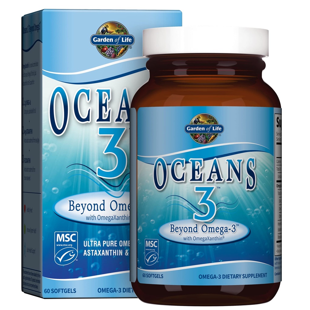 Garden of Life Oceans 3 Utöver Omega-3 med OmegaXanthin, EPA, DHA Supplements, Fiskolja med 1200 mg Omega 3, Astaxanthin & Brown Seaweed Extract - 60 Softgels