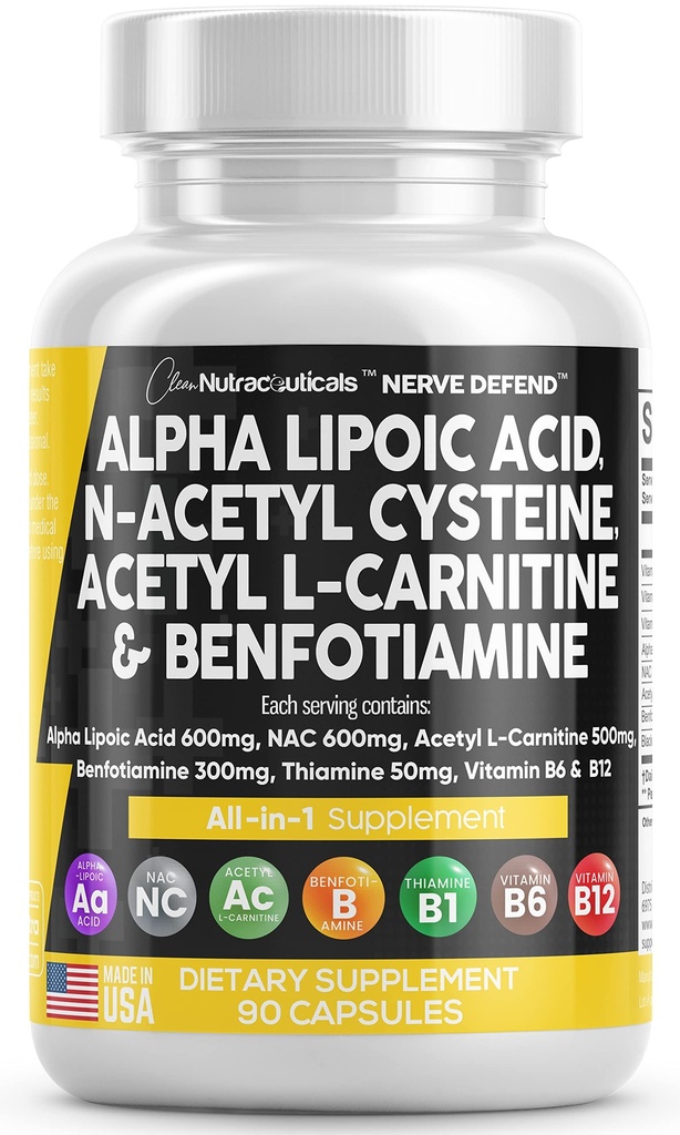 Alpha Lipoic Acid 600mg N-Acetyl Cysteine 600mg Acetyl L-Carnitine 500mg Benfotiamine 300mg - Nerve Support Supplement for Women and Men with Vitamin B1 B6 & B12 - Made in USA 90 Caps