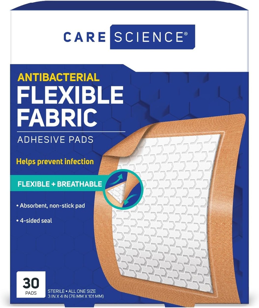 Care Science Fabric Adhesive Pad Bandages, 3x4 inches Extra Large Flexible Non-Stick Strip, hjälper till att förebygga infektion, andningsbart skydd, för första hjälpen & sårvård, 30 greve