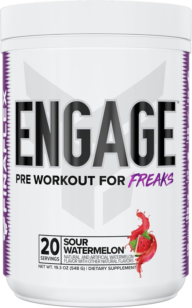 FINAFLEX Engage Pre Workout, Sour Watermelon - Train Harder, Longer & Stronger - Inkluderar Kreatin, Beta-Alanin, Alpha GPC, Citrulline & Koffein - 20 portioner