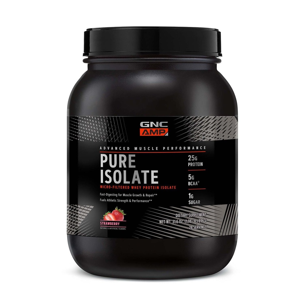 GNC AMP Pure Isolate Whey Protein Powder, Muscle Growth, Recovery, Performance, 25g Protein, 5g BCAA, 1g Sugar, 130 kalorier eller mindre, 3rd Party Tested, Gluten Free, Strawberry, 28 SVG