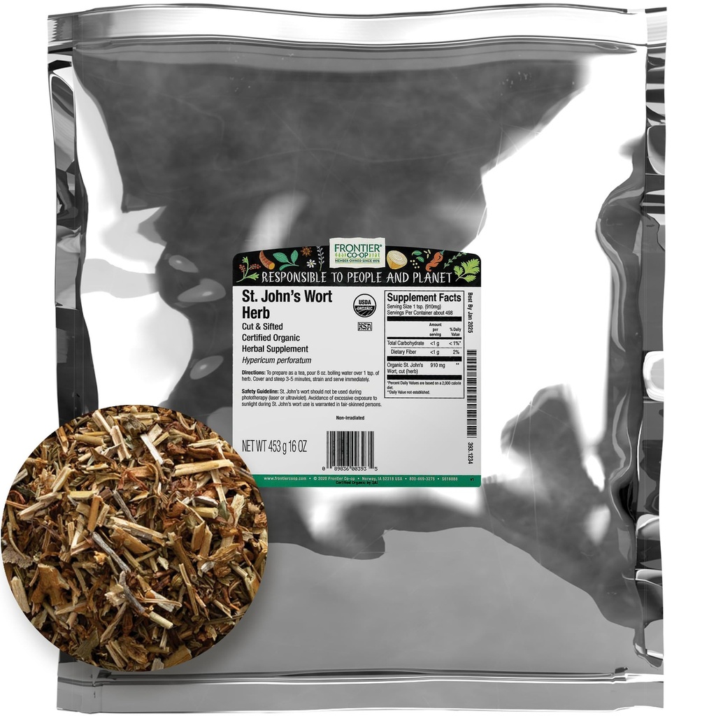Frontier Co-Op Organic Cut och Sifted Saint John's Wort Herb 1lb - Torkad ört för St Johns Wort Organic Tea Or Diy Capsules, Oil, Tincture, Supplement