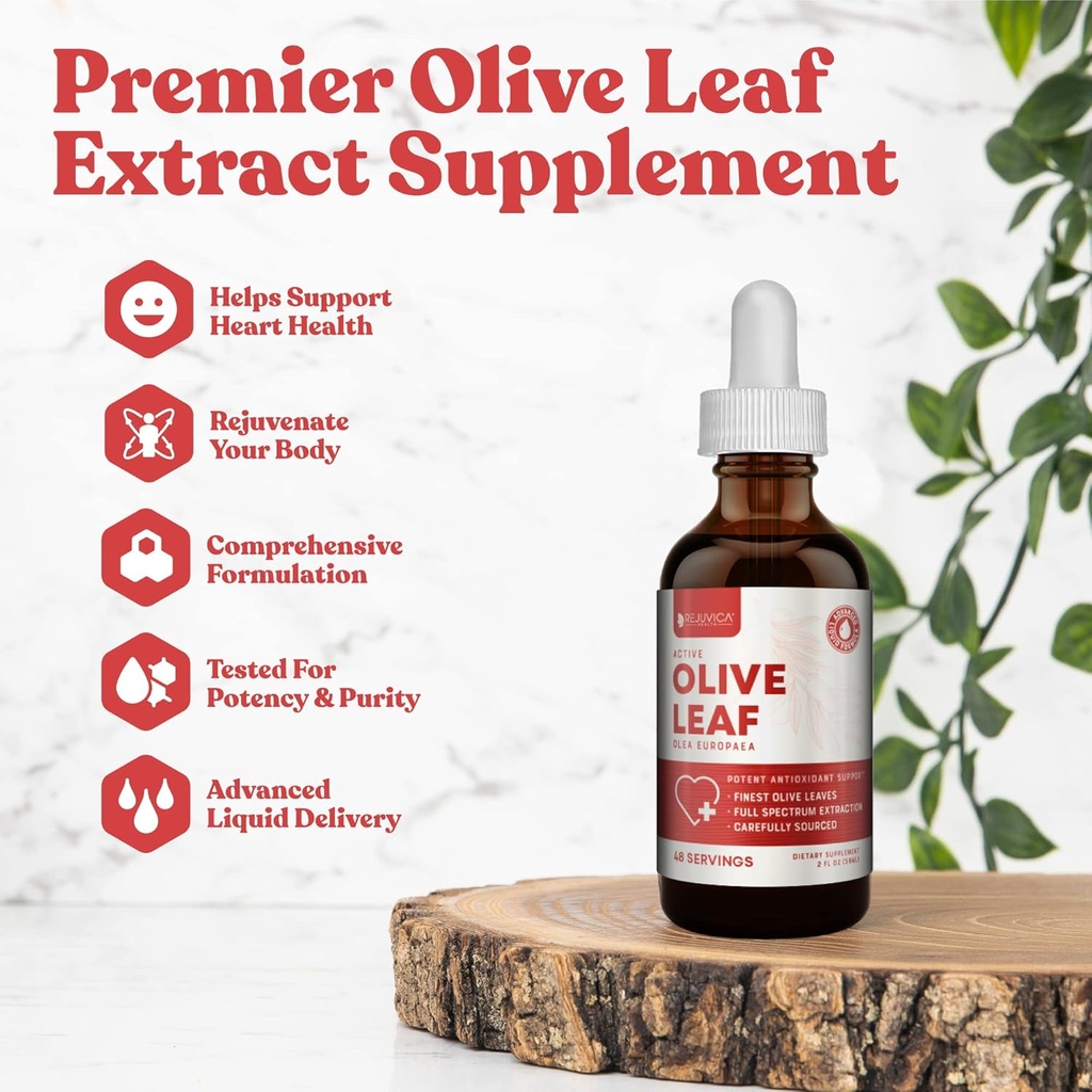Rejuvica Active Olive Leaf Extract | Naturligtvis förekommer Oleuropein Liquid Drops för Immune & Heart Support | Fast-Absorption, Vegan, Alkoholfri | 6 fl oz