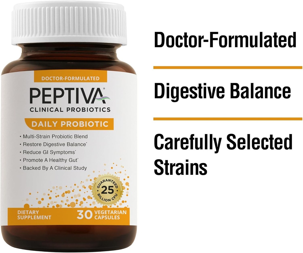 Peptiva Daily Probiotic, 25 miljarder CFU, Multi-Strain Probiotics, Lactobacillus Acidophilus, Bifidobacterium, Digestive Support Supplement - 30 Count