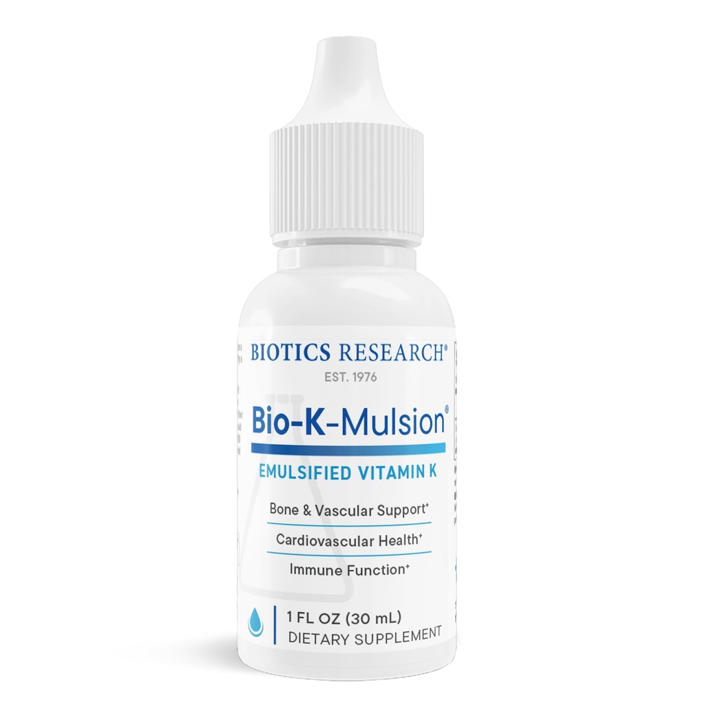 Biotics Research Bio K Mulsion Liquid Vitamin K Drops - 500 mcg / S - Vitamin K1 fytonadion för vuxna - VIT K Supplement - Starka Bones, Hjärthälsa, Blod Clotting Support, 1 fl oz