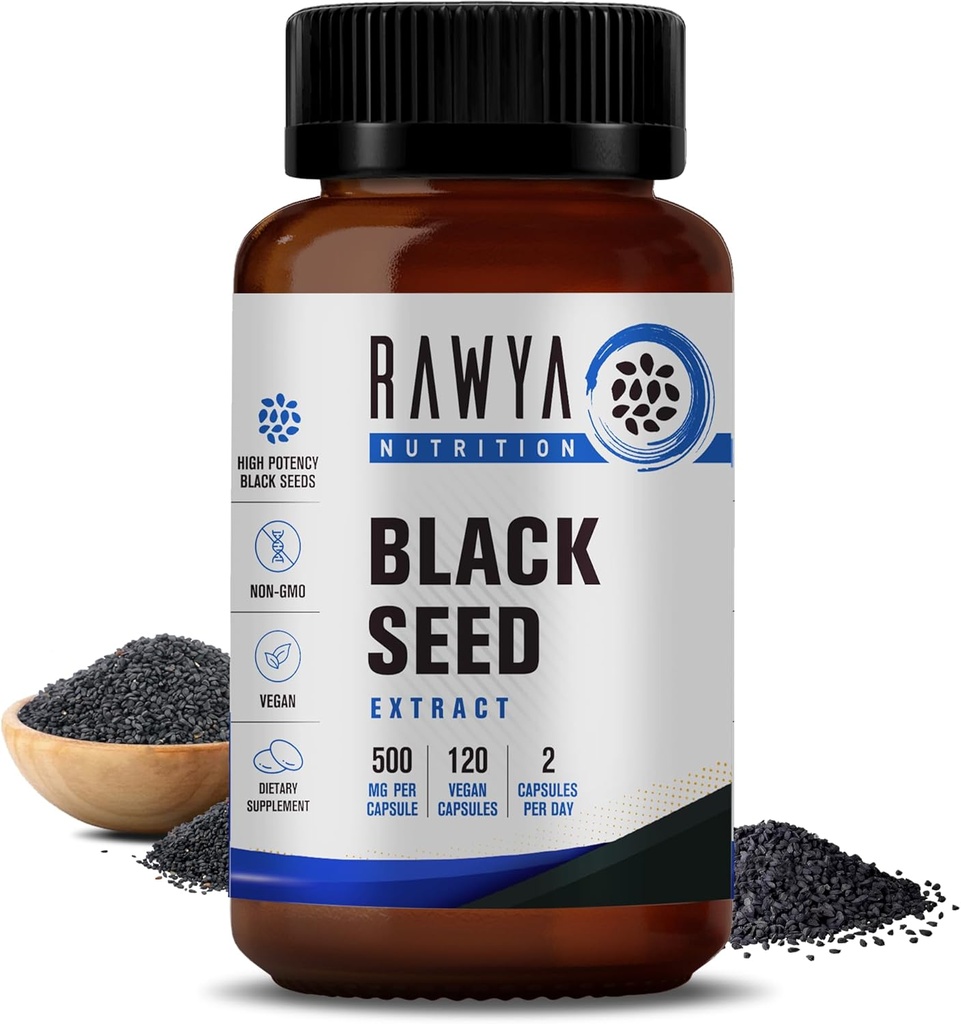 RAWYA Nutrition Black Seed Extract, Nigella Sativa, Black Cumin Seed Powder, 500 mg Var och en, främjar Wellness, flexibilitet och Radiant Skin, Halal, Vegan, Pure & Natural Supplement - 120 Vegan kapslar