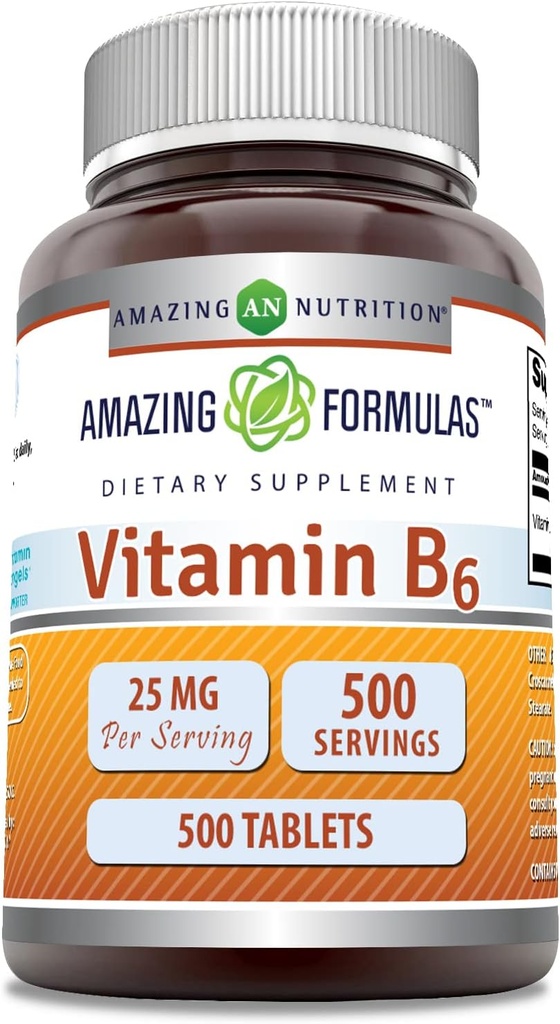 Fantastiska formler Vitamin B6 (Pyridoxin) 25 Mg Supplement | Tabletter | Icke-GMO | Gluten-Free | Made in USA (1 Pack | 500 Count)