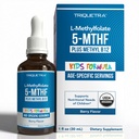 Organic Kids Methylfolate + Methyl B12 Cofactor - Organic Berry Flavor, Sublingual Form - 5-MTHF Form, Superior Form of Folate - Justerbar dosering för alla åldrar - humör, beteende, kognition - 1 uns.