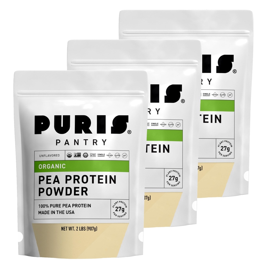 PURIS Organic Pea Protein Powder - USDA Organic Vegan Protein | 27g Plant Protein Per Serving | Non-GMO Gluten-Free Soy-Free | Clean Label | Smooth Taste | 2 lb (3 Pack)