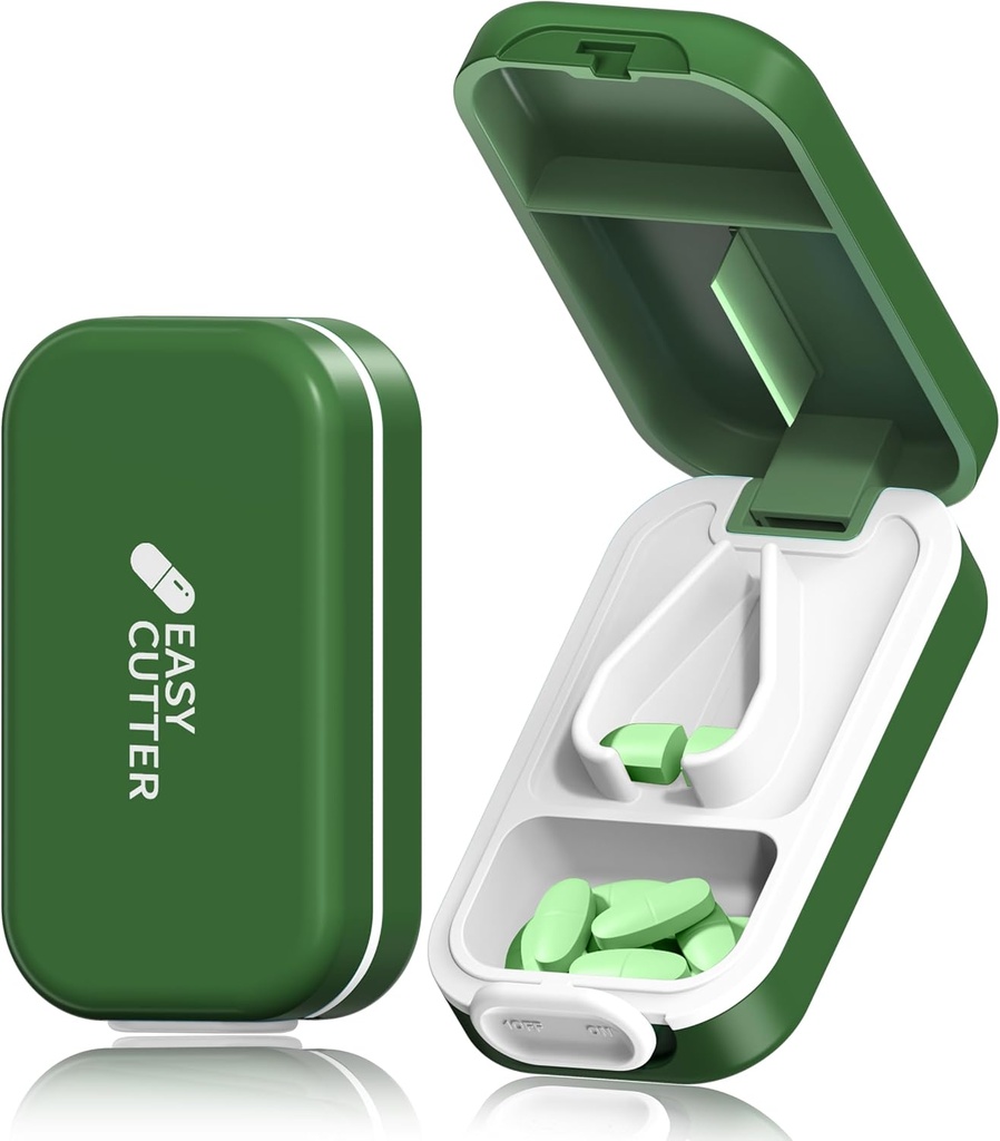 Pill Cutter för Small eller Large Pills & Tablet Vitamins Design i USA.with Detachable Silicone Pad and Safety Buckle Design Easy to Open.(Olive)