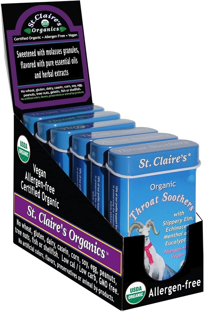 St. Claire's Organics Throat Soothers, (1.5 Ounce Tin, Pack of 6) | Gluten-Free, Vegan, GMO-Free, Plant-Based, Allergen-Free | Made in Our Allergen-Free Facility