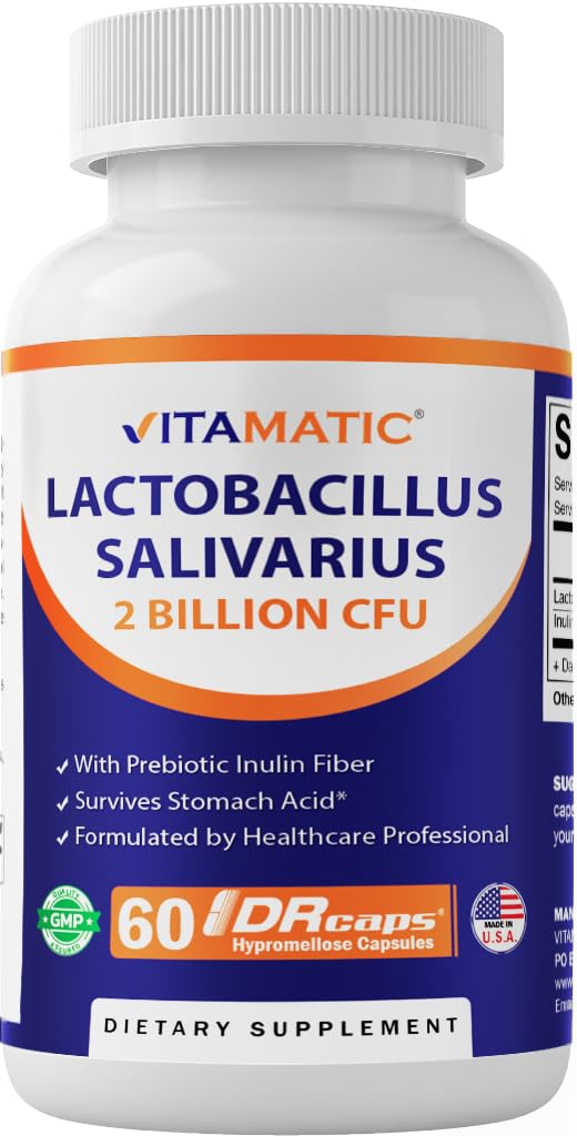 Vitamatic Lactobacillus Salivarius 2 miljarder per DR-kapsel - 60 greve - Digestive Support - Made with Prebiotic Inulin Fiber (1 flaska)