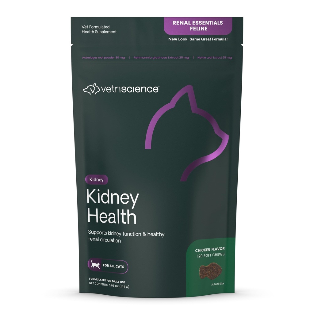 VetriScience Kidney Health Chews, Renal Essentials Supplement för katter, njurvård och stöd med Mushroom, Astragalus Root, Nettle Seed och Herbs, Chicken, 120 Count