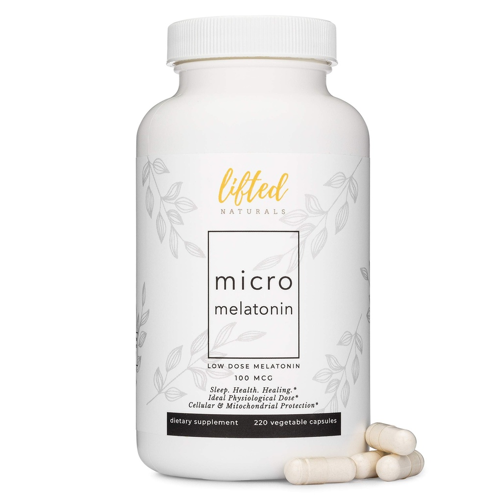 Lifted Naturals Micro Melatonin Family Size - Melatonin för snabb och bättre sömn, lätt att svälja 220 vegetabiliska kapslar med låg dos melatonin, icke-GMO, snabblöst melatonin 100 mcg