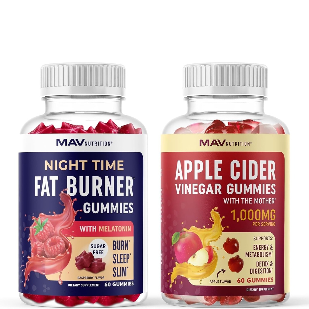 MAV NUTRITION Night Time Fat Burner Gummies och Apple Cider Vinegar Gummies | Natt, Metabolism Boost & Weight Management Gummy Bundle | 30 Servings Varje