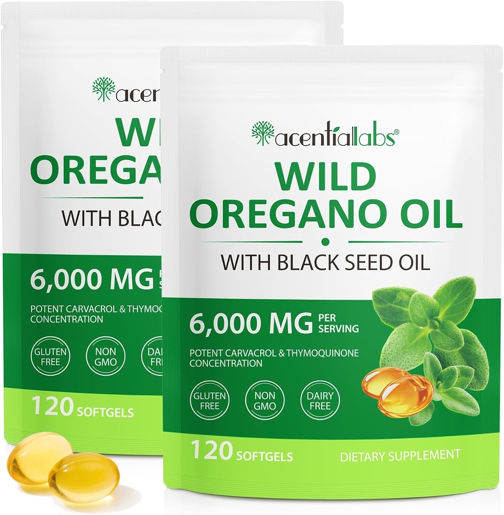 Olja av Oregano Softgels 6000mg 2 Pack, 2 i 1 Formulerad med Black Seed Oil 120 greve, Oregano Oil Capsules Organic, Gluten Free Oil of Oregano Softgels, icke-GMO & Immune Support