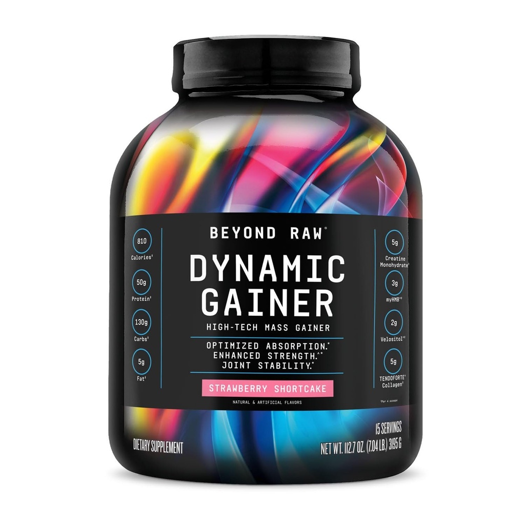 BEYOND RAW Dynamic Gainer, High-Tech Mass Gainer, Optimized Absorption och förbättrad styrka, Strawberry Shortcake, 15 portioner