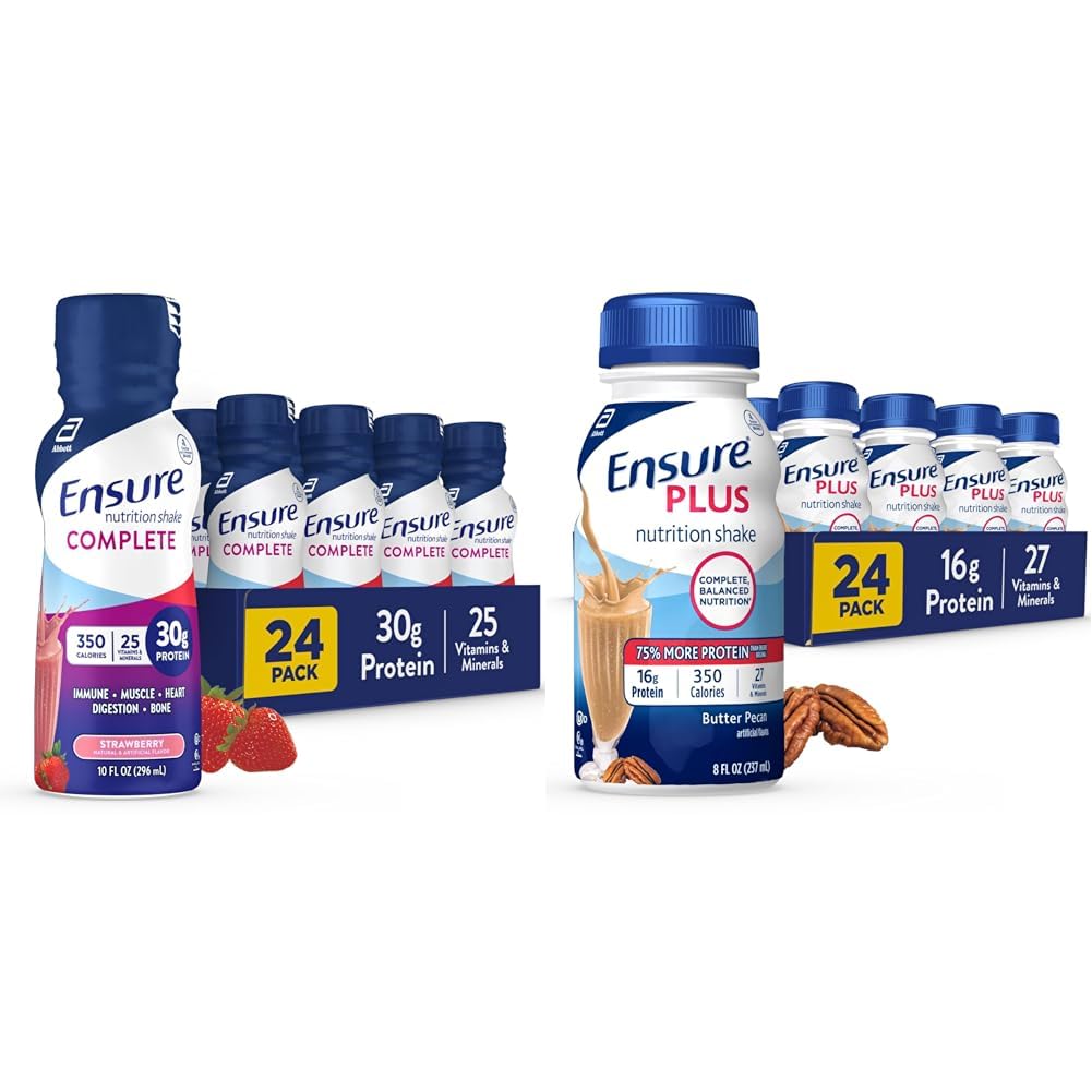 Säkerställ COMPLETE Nutrition Shake, 30g Protein, Meal Replacement Shake, med näringsämnen för immunhälsa, jordgubbar, 10 Fl Oz & Plus Butter Pecan Nutrition Shake, Meal Replacement Shake, 24 Pack
