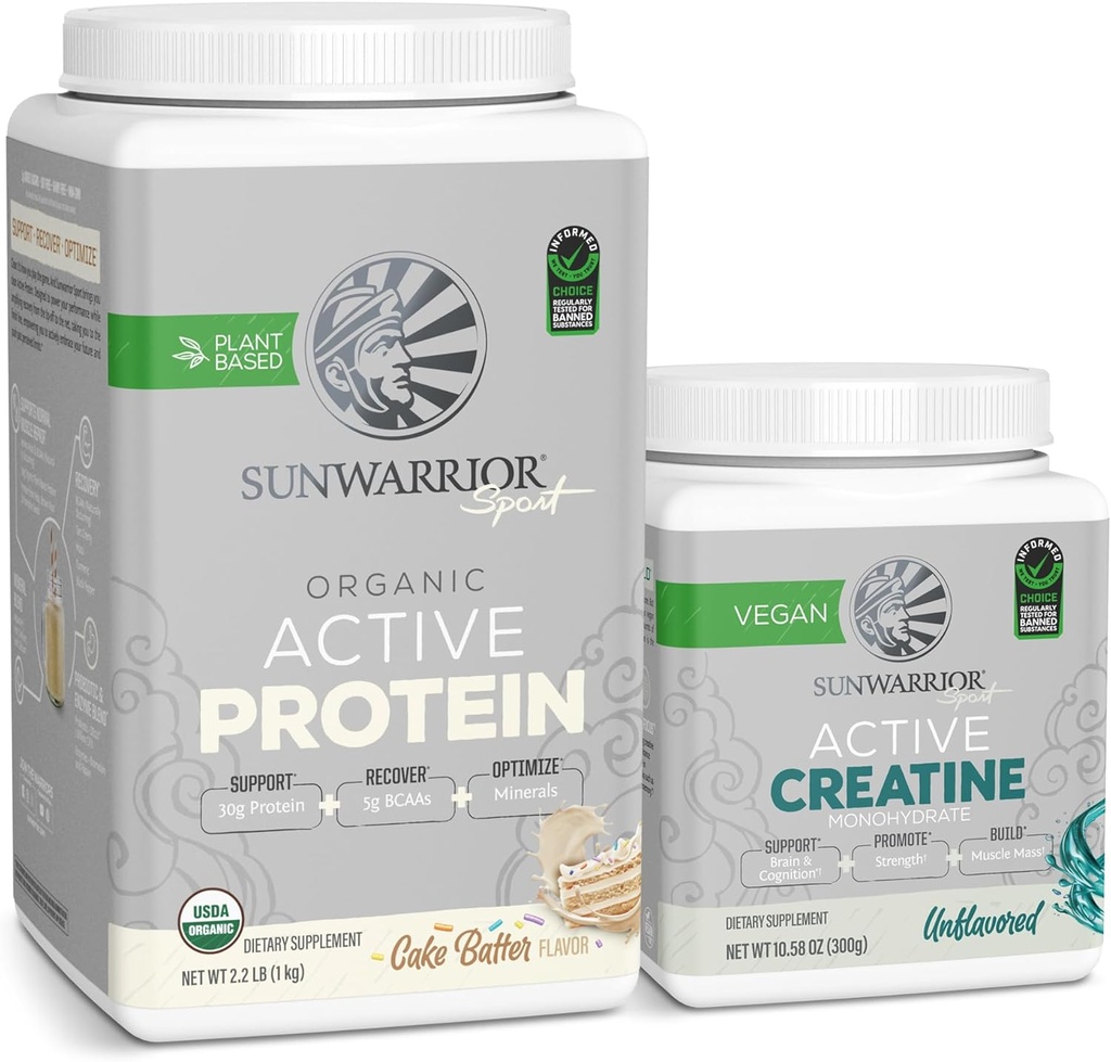 Sunwarrior Vegan Proteinpulver USDA Organic | 20 portioner kakabatter smaksatt och kreatinmonohydratpulver | 60 portioner osmakad