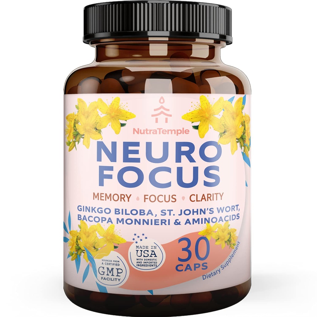 Brain Booster Gingko Biloba Supplement - Nootropics for Mind, Focus, Memory, Clarity med Bacopa Monnieri, St. Johns Wort - 30 Brain Food Capsules