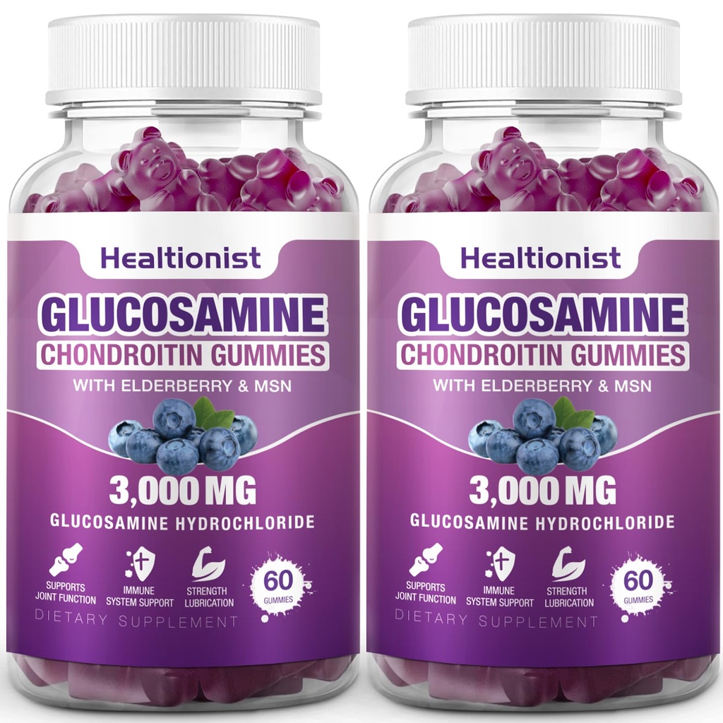 2 Packs 3000mg Glukosamin Chondroitin Gummies med MSM & Elderberry - Extra Strength Joint Health, Flexibilitet, Antioxidant Immune Support Supplement Gummy för vuxna, Män & Kvinnor 120 Cts
