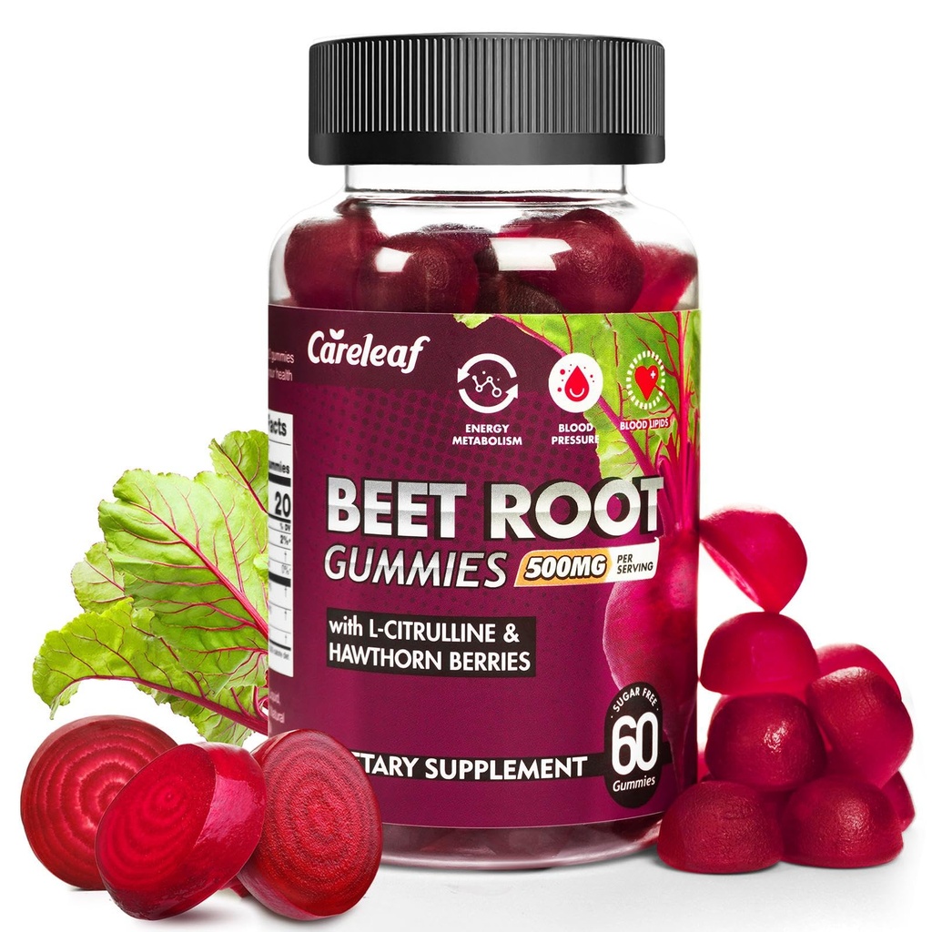 Sugar Free Vegan Beet Root Gummies för blodtryck, Beetroot Gummies med L-Citrulline och Hawthorn Extract, Peach Flavor Beet Chews för högt blodtryck, 60 Count