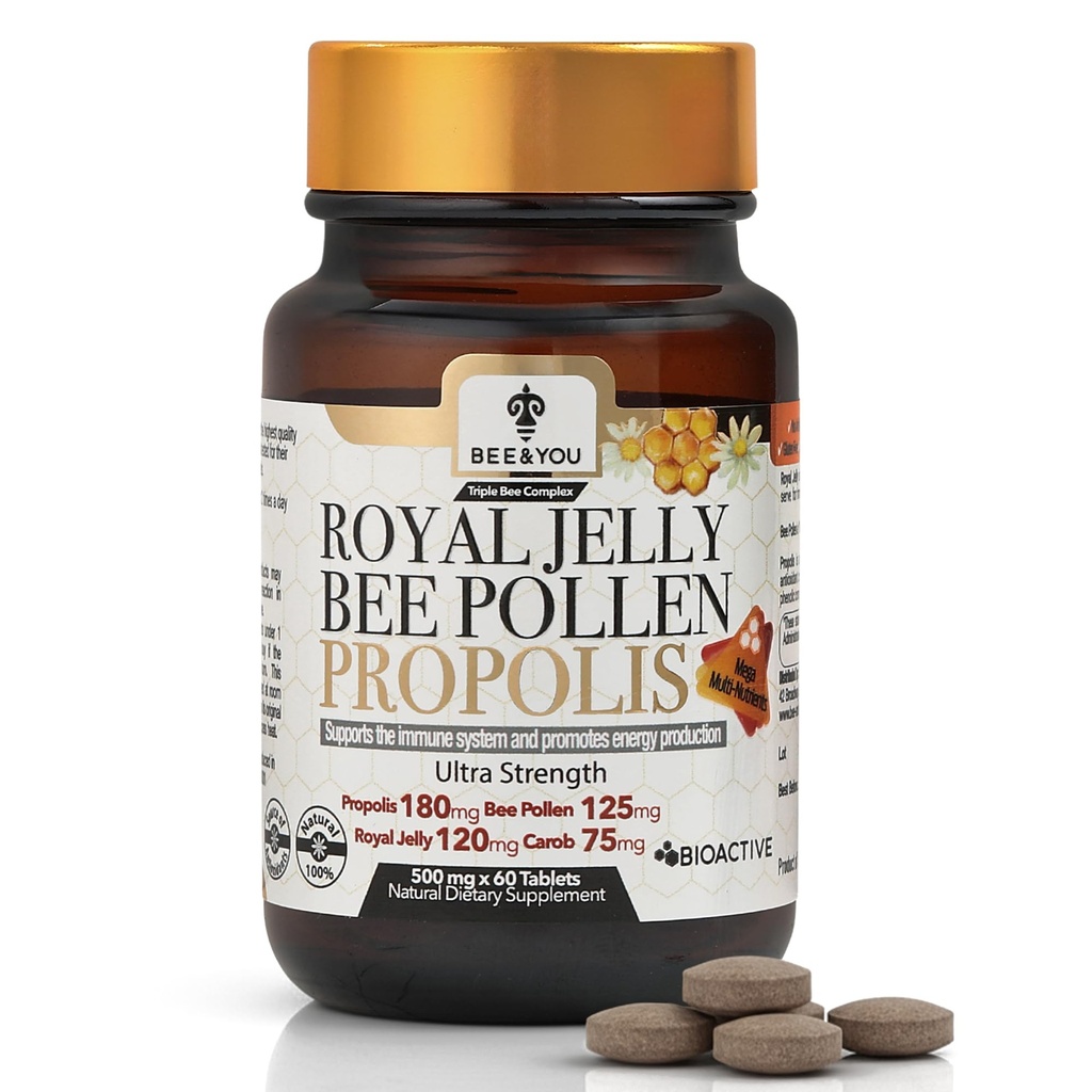 Bee och You Royal Jelly Tablet, Propolis Extract, Bee Pollen, 100% Natural Superfood, Ultra Pure, Immune Support Supplement, Förbättra energi, fokus, Antioxidanter, Fresh, Keto, Paleo, Gluten-Free | 60ct