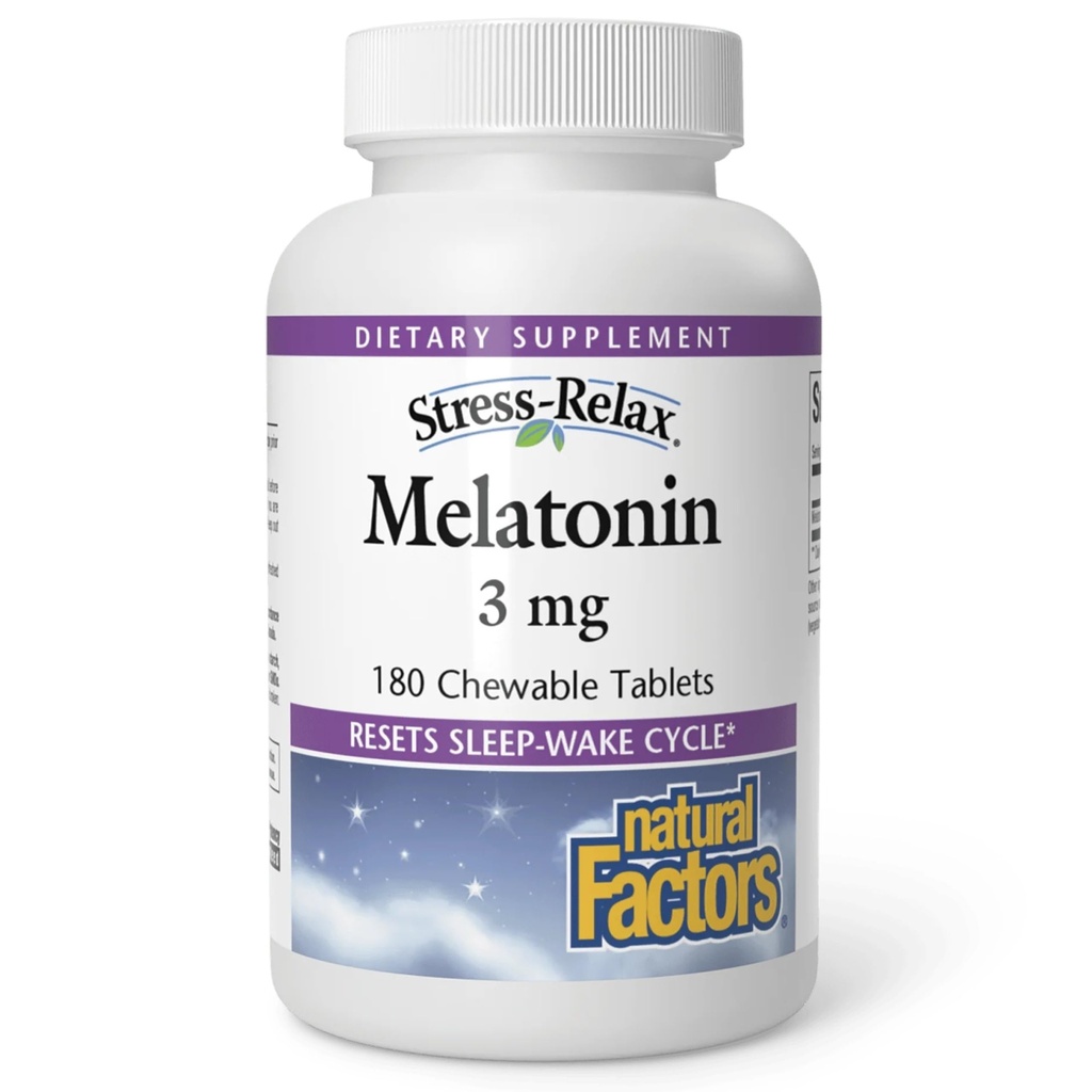 Stress-Relax Melatonin 3 mg av naturliga faktorer, naturlig sömnhjälp, återställer Sleep-Wake Cycle, 180 tuggbara tabletter (180 portioner), Peppermint smak