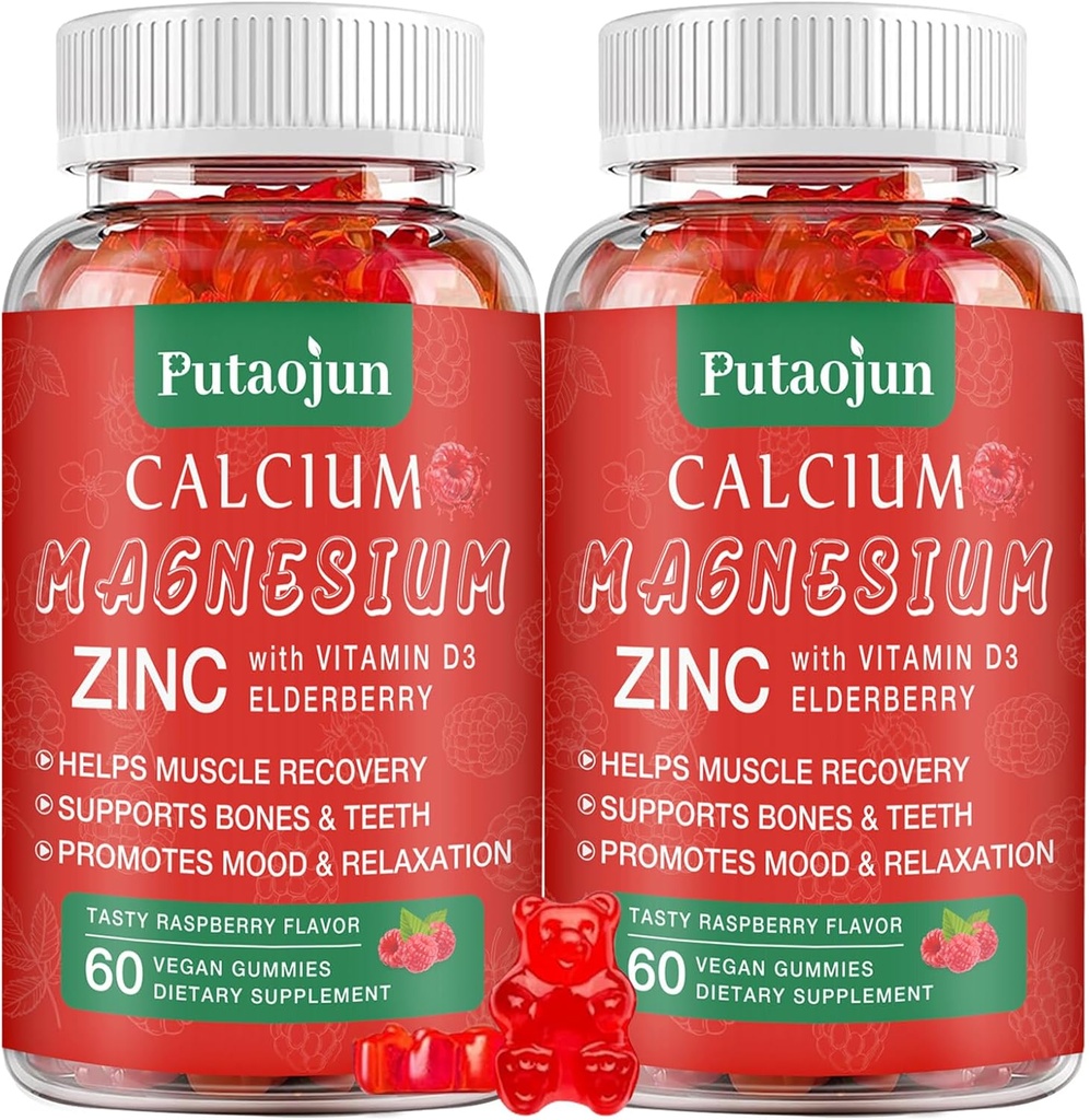 High Absorption Calcium Magnesium Zink Gummies, Sugar Free Calcium Magnesium Zink Supplement med D3 | Bone & Teeth Strength | Muscle & Nerve Function | Vegan | Raspberry Flavor | 2 Pack