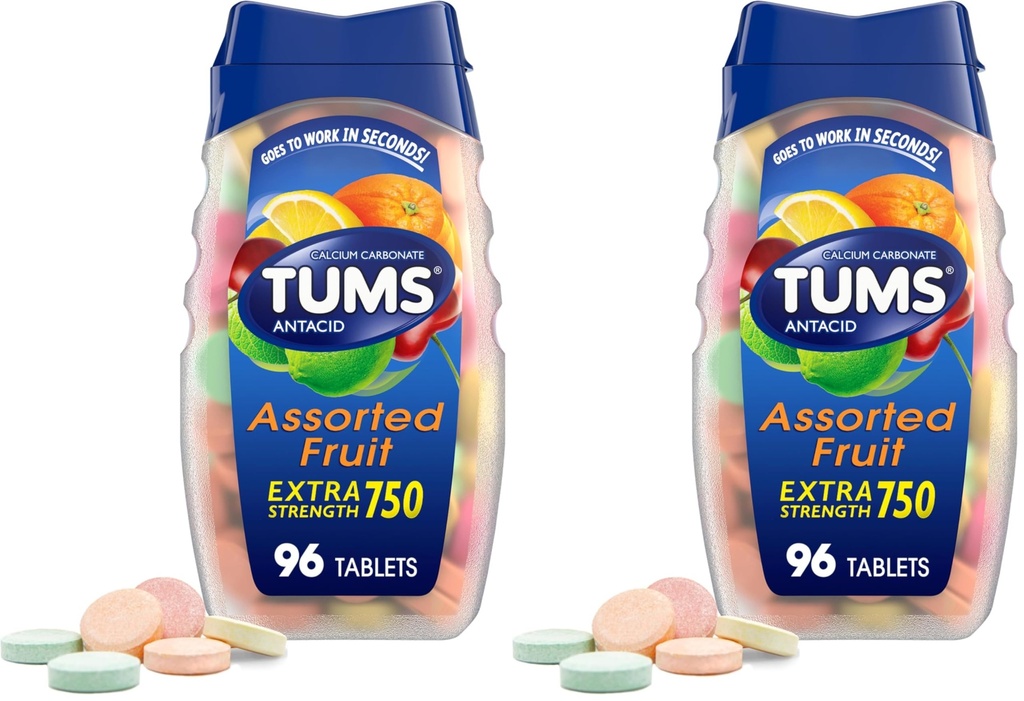 TUMS Extra Strength Antacid Tablets för Chewable Heartburn Relief och Acid Indigestion Relief, Assorted Fruit Flavors - 96 Count (Pack of 2)