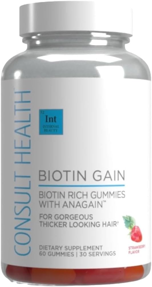 Consult Health BIOTIN GAIN Gummies with ANAGAIN - Reduce Hair Loss - Clinically Tested - 10,000 mcg Biotin Vitamin B7 to Support Healthy Hair Growth, Skin and Nails for Women and Men - 60 Count