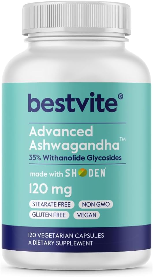 BESTVITE Advanced Ashwagandha 120mg w/Shoden (120 vegetariska kapslar) - Kliniskt Studerade Innehållande industri som leder 35% Withanolide Glycosides - Inga Stearates - Vegan - Non GMO - Gluten Free