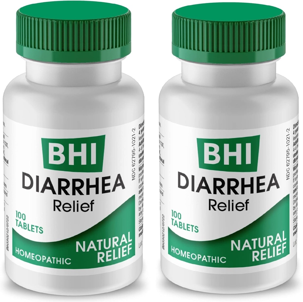 BHI Diarrhea Relief Fast-Acting Natural Remedy for Mild Diarrhea - 8 Soothing Homeopathic Actives Hjälp Calm Stomach Ache, Gas & Cramps för kvinnor och män - 100 tabletter (Pack of 2)