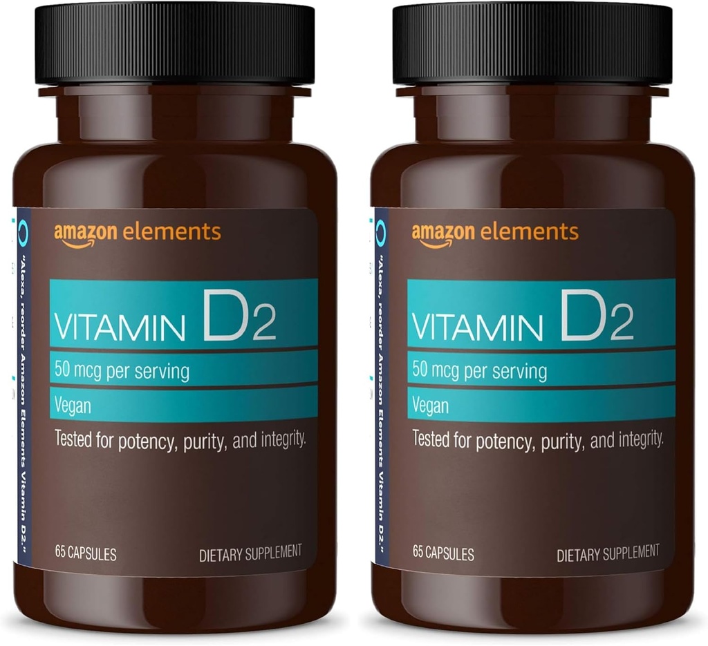 Elements Vitamin D2 2000 IE, Vegan, 65 kapslar, stöder starka ben och immunhälsa, 2 månaders leverans (Packaging May Vary) (Pack of 2)