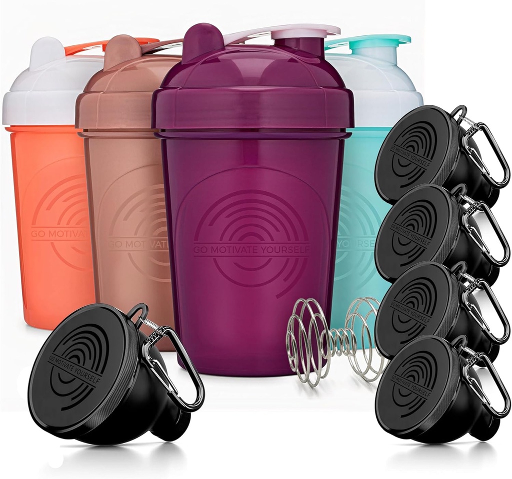 GOMOYO Fitness Bundle - 4-Pack Shaker Bottles med Agitator + 5-Pack Protein Funnels med Carabiner, BPA-Free & Dishwasher Safe