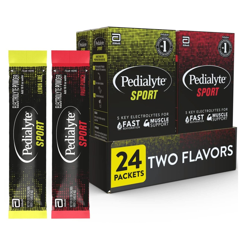 Pedialyte Sport Electrolyte Powder, Fast Hydration med 5 Key Electrolytes för muskelstöd före, under och efter träning, 12 Lemon Lime & 12 Fruit Punch, 0,49-oz Packets (24 Count)