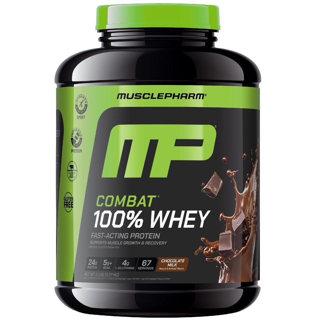 MusclePharm Combat 100% Whey Protein Powder, Chocolate Milk, Fast Recovery & Muscle Gain med Whey Isolate, High Protein Powder för kvinnor och män, Gluten Free, 5lb, 67 portioner