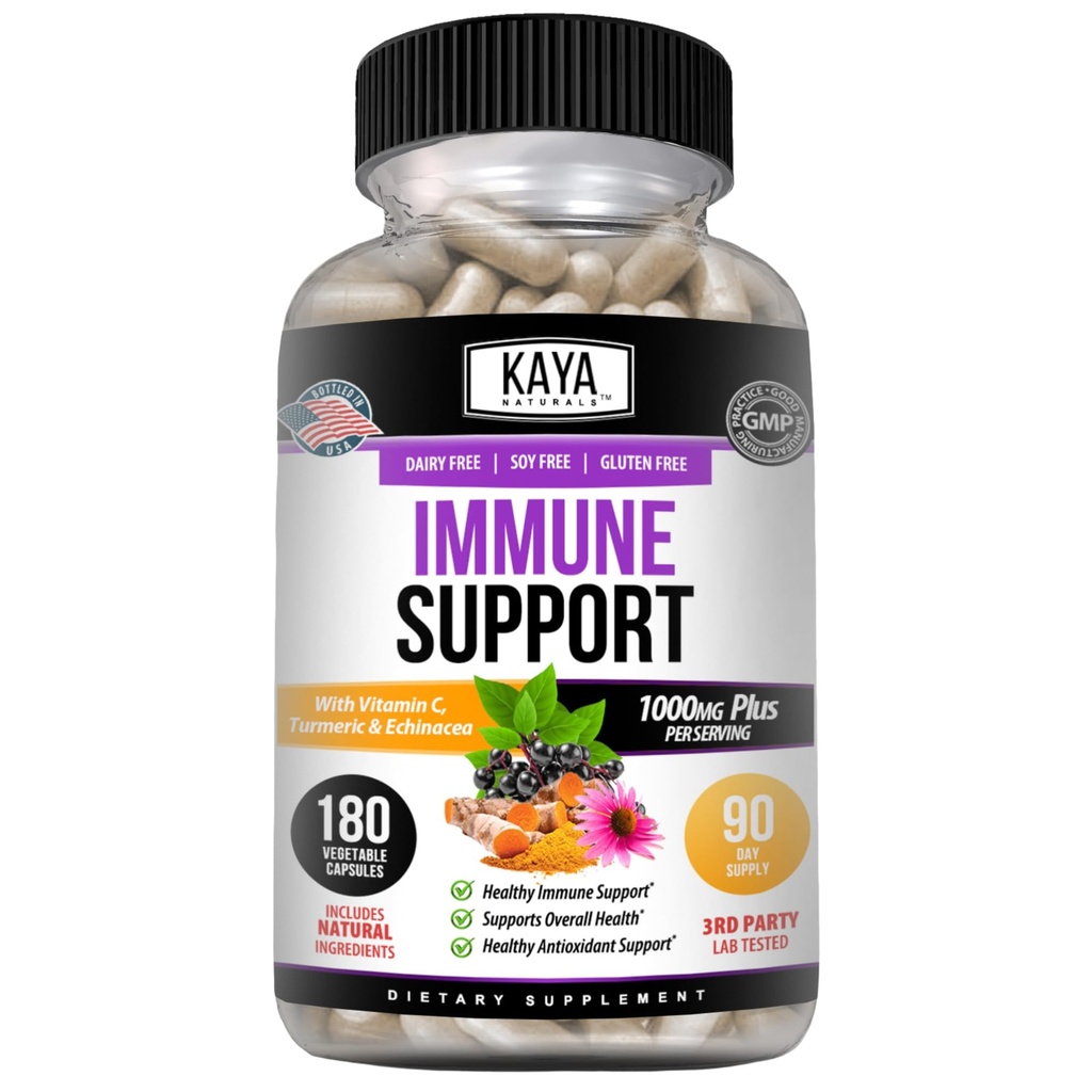 Kaya Naturals Elderberry Immune Support med Zink och Vitamin C för vuxna, Probiotics & Turmeric 1000mg Immune System Booster Sambucus Elderberry Capsules - 180 Count