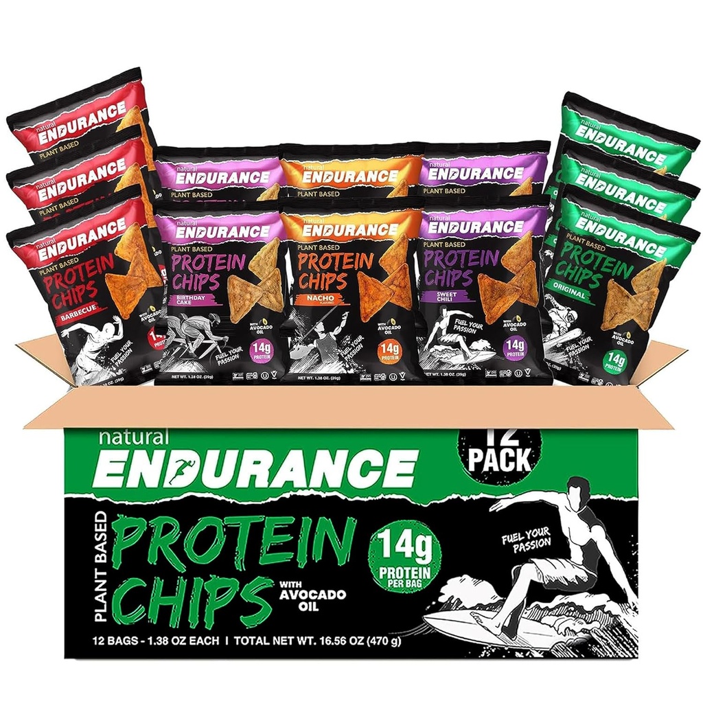 Natural Endurance Protein Chips - Low Carb Chips, High Protein Snack, Vegan Protein med Avocado Oil, 14g Protein Per Bag, Gluten Free, Nacho, BBQ, Chili, Birthday Cake, Original - Variety Pack, 1,38 oz Bags (Pack av 12)