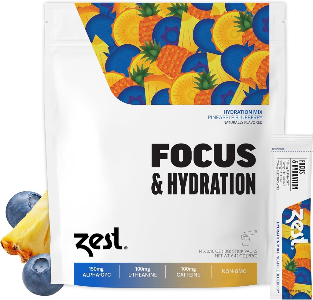 Zest Focus & Productivity Energy Drink - Pineapple Blueberry Clean Energy Powder Packets med 100 mg Koffein, L-Theanin & 150 mg Alpha GPC Nootropics - Low Sugar Electrolytes för minne - 14 Sticks