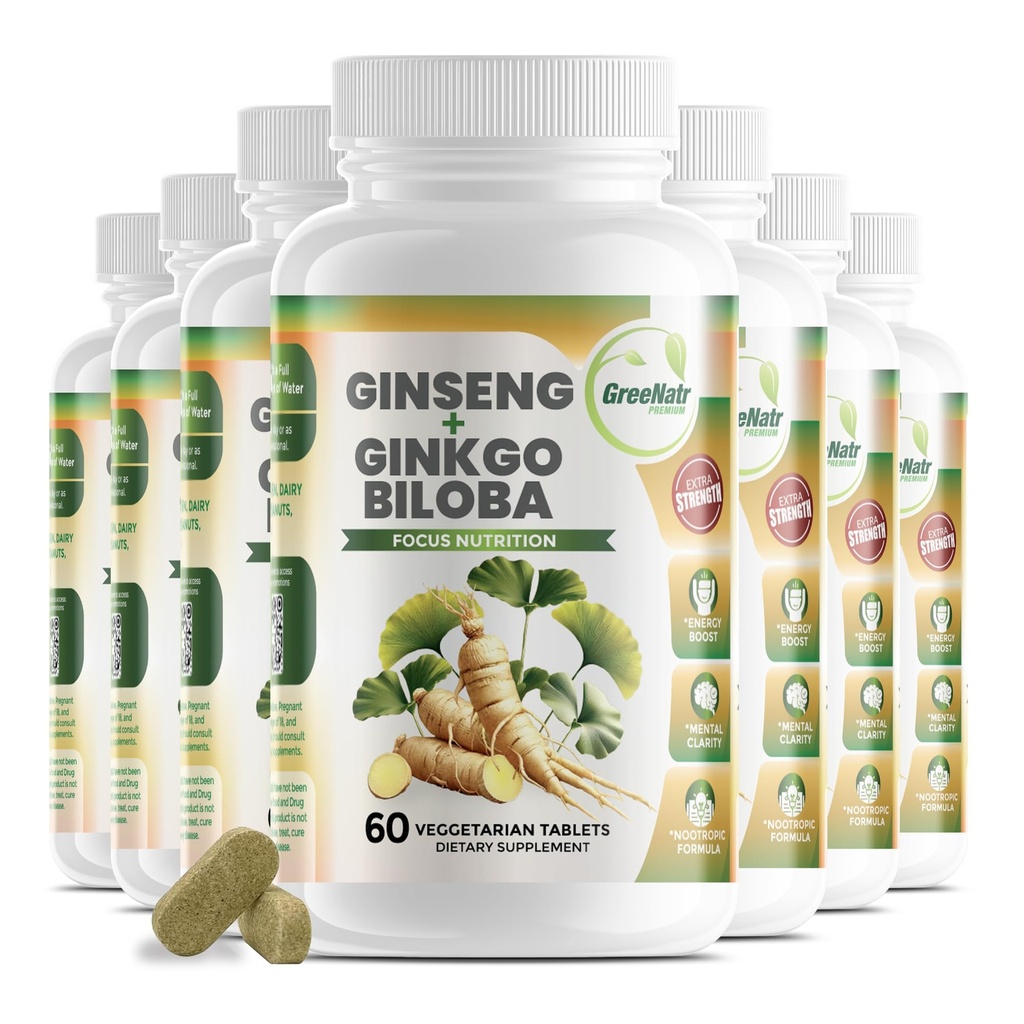 GreeNatr Ginko Biloba & Panax Ginseng Supplement - Red Ginseng Brain Supplement för minne och fokus - Ginkgo Biloba Supplements for Good Vision, Immune System and Improved Blood Flow - 12 Bottles