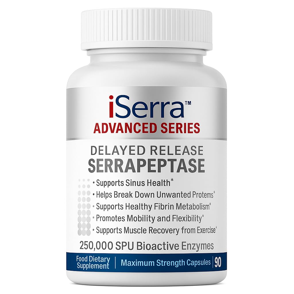 iSerra 250.000 SPU Serrapeptase Enzyme - 90 Maximal Styrka Kapslar - Upp till 12x Mer Potent Än Annan Serrapaptase - Försenad Release Technology-High Potency Non-GMO, Gluten Free, Vegan (Pack av 1)