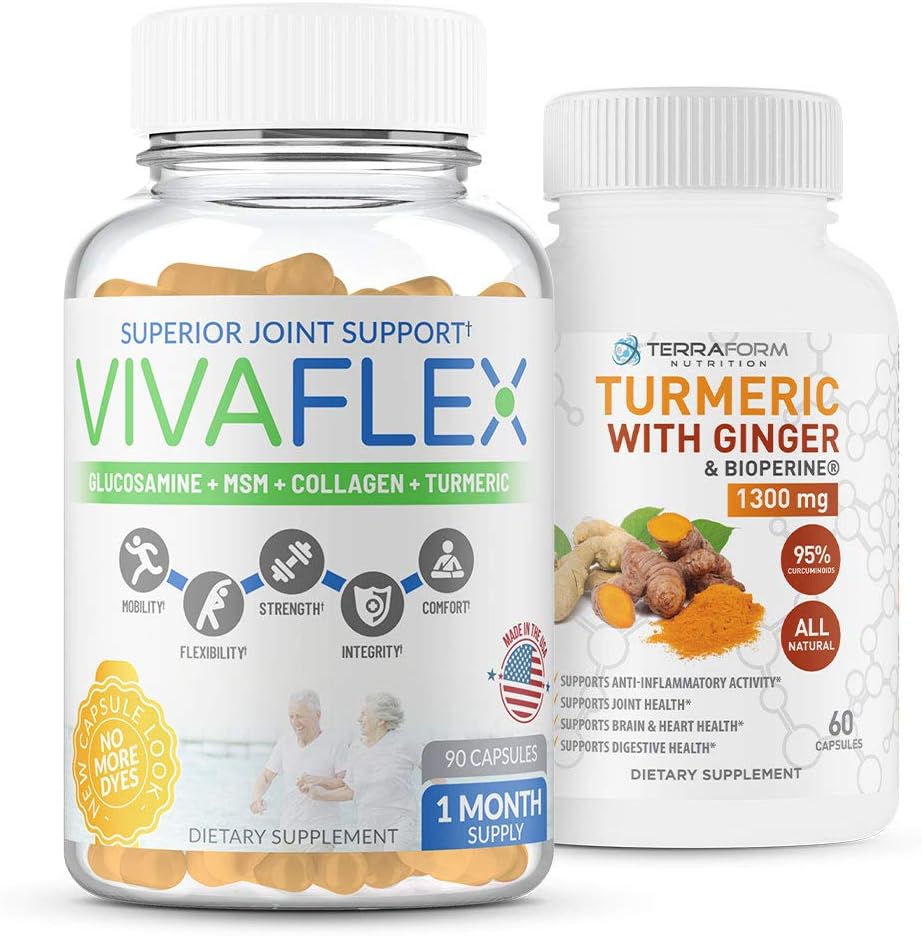 Terraform Nutrition Joint Relief Combo Pack - Vivaflex Plus Turmeric Curcumin med Ginger - Bästa kosttillskott för Joint & Knee Relief - 1 månads leverans