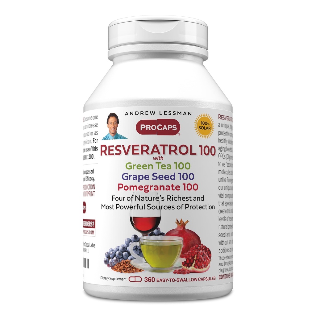 ANDREW LESSMAN Resveratrol-100 med Green Tea 100 Grape Seed 100 Pomegranat 100mg - 360 kapslar - Fyra kraftfulla, skyddande antioxidanter.