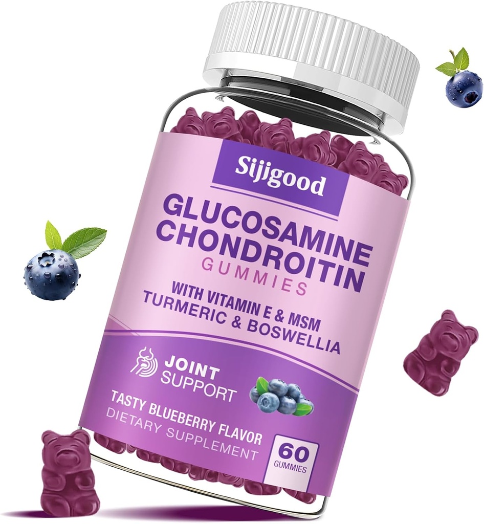 Glukosamin Chondroitin Gummies, Extra Strength Glucosamine Chondroitin MSM med Elderberry & Turmeric, Joint Health, Flexibilitet, Antioxidant, Immune för vuxna - 60 Blueberry Flavored Gummies