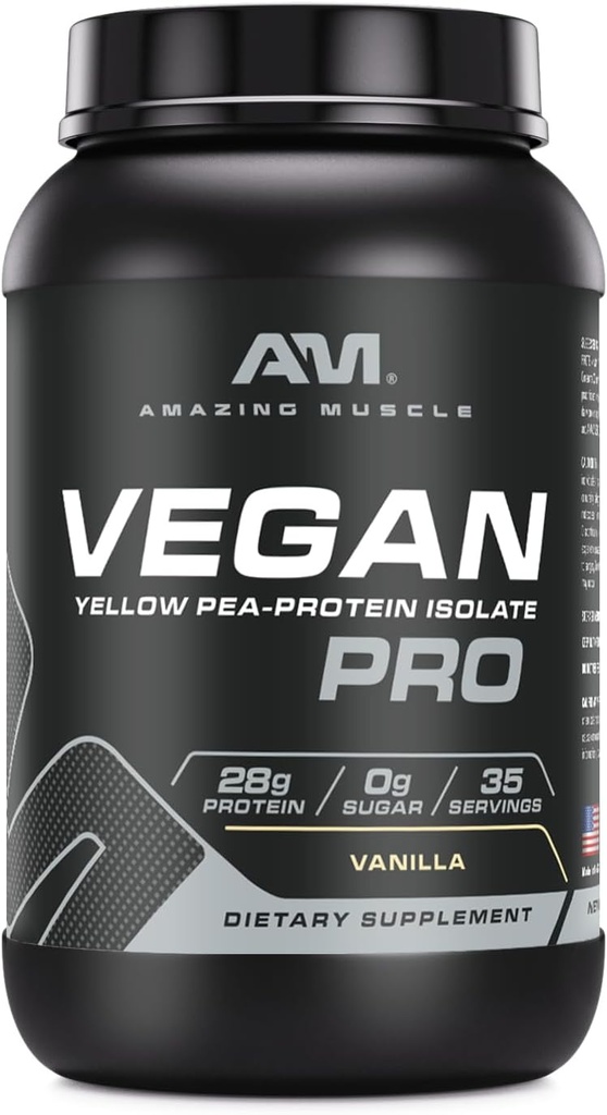Amazing Muscle Vegan Protein Powder | 28 Grams Protein | 34 portioner | Zero Sugar | Gul Pea Protein Isolat Supplement | Tillverkad i USA (3 Lb, Vanilla)