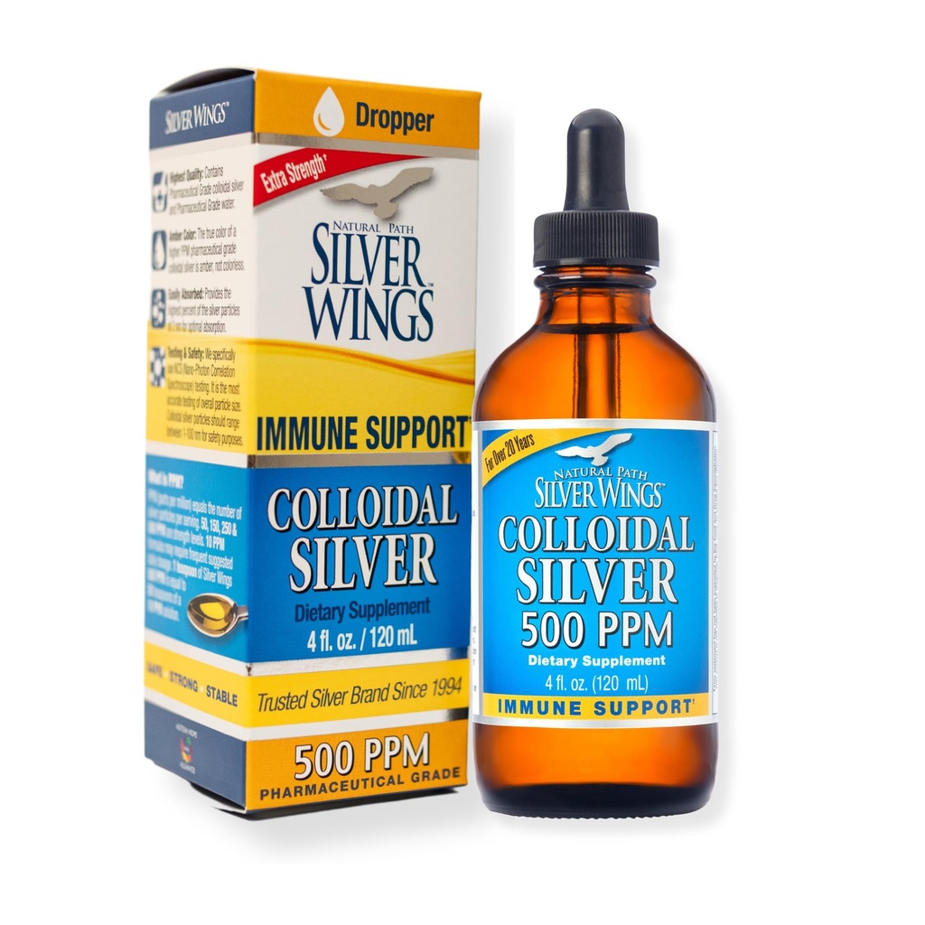 Natural Path Silver Wings - Colloidal Silver 500 ppm - Ren mineraltillskott - Immunstöd för din familj - Kraftfull läkning utan dålig smak (4fl oz / 120 ml)