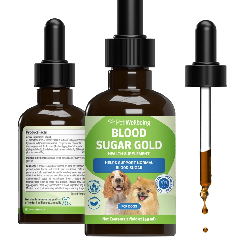 Pet Wellbeing Blood Sugar Gold Dogs - Holistic Blood Sugar Support, Pancreas & Liver Health, Gymnema, Fenugreek & Devil's Club - NASC Certified & Vet-Formulerad - 2 oz Liquid