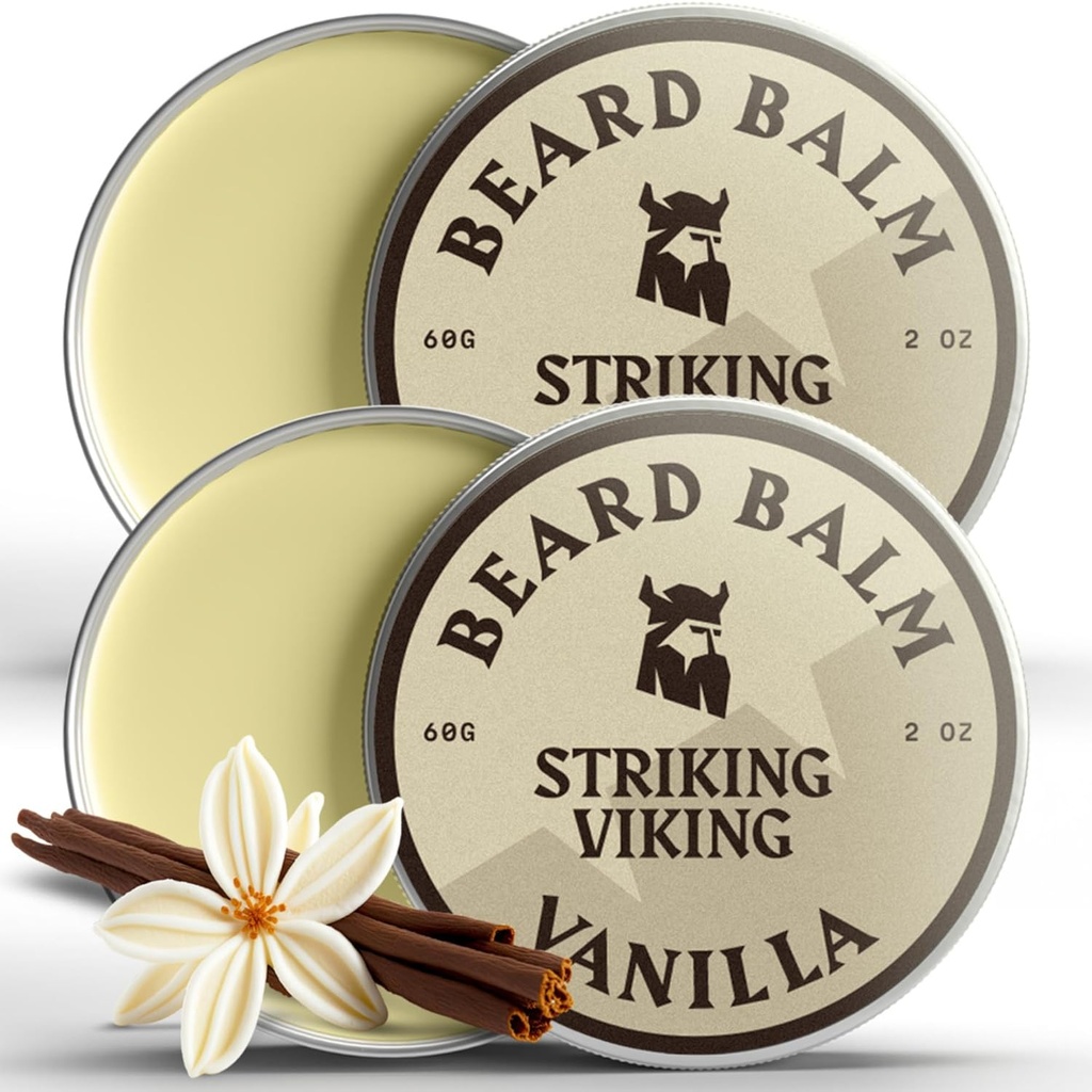Slående Viking Beard Balm för män - Lämna i skägg Conditioner - Styling Balm Made med naturligt härledda skägg smör, Argan & Jojoba oljor (2 Ounce (Pack of 2), Vanilla 2 Pack)